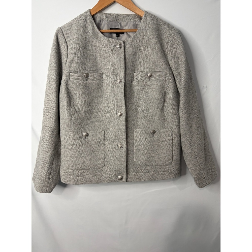 Talbots Blazer Jacket Womens 16 Gray Herringbone Wool Blend Preppy Old Money